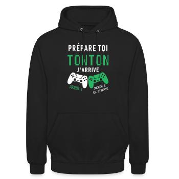 Futur Tonton Gamer Cadeau Annonce Grossesse - Sweat-shirt à capuche unisexe - noir - Devant - Alina (178cm) & Michal (187cm)