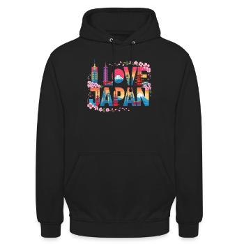 J’adore le Japon, Sakura Mont Fuji, Tokyo Skyline - Sweat-shirt à capuche unisexe - noir - Devant - Alina (178cm) & Michal (187cm)