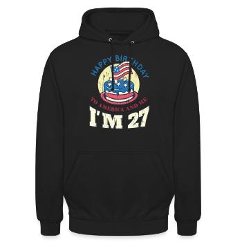 US America Flag Cake Naissance Age 27 USA 4 juillet - Sweat-shirt à capuche unisexe - noir - Devant - Alina (178cm) & Michal (187cm)