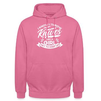 Messerwurfscheibe Geschenk Messerwerfer - Unisex Hoodie - Pink - Vorne - Alina (178cm) & Michal (187cm)