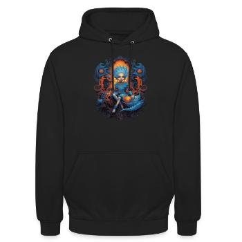Niedlicher Blauer Kobold Phantasie Wesen - Unisex Hoodie - Schwarz - Vorne - Alina (178cm) & Michal (187cm)