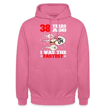 Lustiger Geburtstagsspruch 38 Jahre Alt - Unisex Hoodie - Pink - Vorne - Alina (178cm) & Michal (187cm)