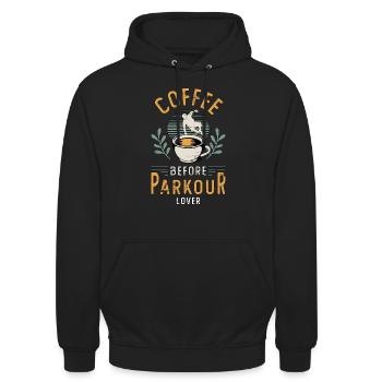 Parkour Lover Café Avant Backflip Coffee Lover - Sweat-shirt à capuche unisexe - noir - Devant - Alina (178cm) & Michal (187cm)