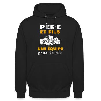 Vater, Sohn, Team fürs Leben, Papa erschossen, Punkt - Unisex Hoodie - Schwarz - Vorne - Alina (178cm) & Michal (187cm)