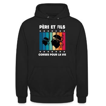 Vater und Sohn alter korsischer Vater - Unisex Hoodie - Schwarz - Vorne - Alina (178cm) & Michal (187cm)