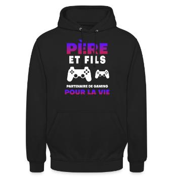Father, son, gaming, partner for life, gamer dad - Unisex Hoodie - black - Front - Alina (178cm) & Michal (187cm)