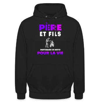 père fils moto duo homme partenaire papa motard - Sweat-shirt à capuche unisexe - noir - Devant - Alina (178cm) & Michal (187cm)