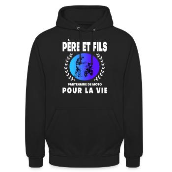 père fils moto rétro vintage homme papa motard - Sweat-shirt à capuche unisexe - noir - Devant - Alina (178cm) & Michal (187cm)