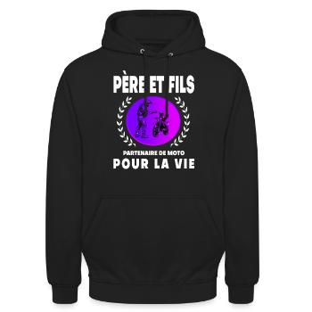 père fils moto vintage rétro sunset papa motard - Sweat-shirt à capuche unisexe - noir - Devant - Alina (178cm) & Michal (187cm)