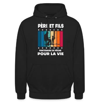 Vater und Sohn Fischer Mann Jahrgang Papa Fischer - Unisex Hoodie - Schwarz - Vorne - Alina (178cm) & Michal (187cm)
