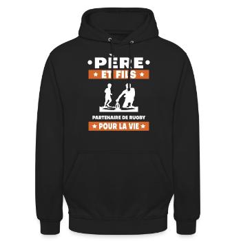 father and son rugby duo man partner dad - Unisex Hoodie - black - Front - Alina (178cm) & Michal (187cm)