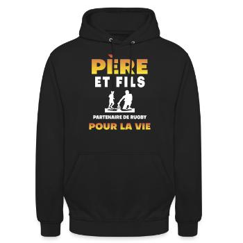 father son rugby partner life dad rugby player - Unisex Hoodie - black - Front - Alina (178cm) & Michal (187cm)
