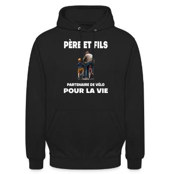 Fahrrad Vater und Sohn Duo Mann Partner Papa - Unisex Hoodie - Schwarz - Vorne - Alina (178cm) & Michal (187cm)