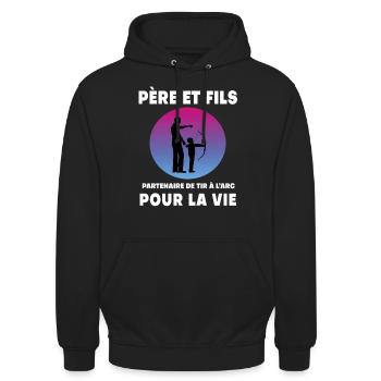 père et fils tir à l'arc rétro vintage homme papa - Sweat-shirt à capuche unisexe - noir - Devant - Alina (178cm) & Michal (187cm)