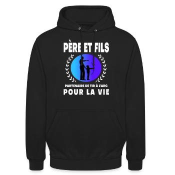 père fils tir à l'arc rétro vintage homme papa - Sweat-shirt à capuche unisexe - noir - Devant - Alina (178cm) & Michal (187cm)