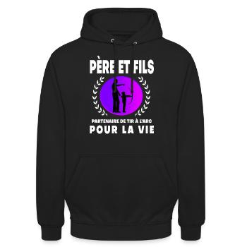père fils tir à l'arc vintage rétro sunset papa - Sweat-shirt à capuche unisexe - noir - Devant - Alina (178cm) & Michal (187cm)