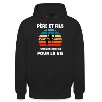 Vater und Sohn Bergsteigen Vintage Retro Papa - Unisex Hoodie - Schwarz - Vorne - Alina (178cm) & Michal (187cm)