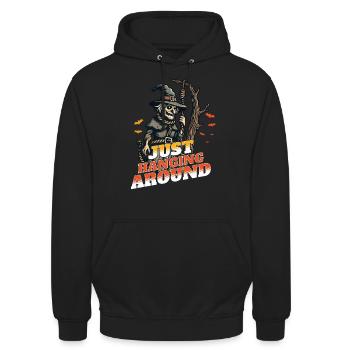 Lustiger Halloween Spruch Just Hanging Around - Unisex Hoodie - Schwarz - Vorne - Alina (178cm) & Michal (187cm)