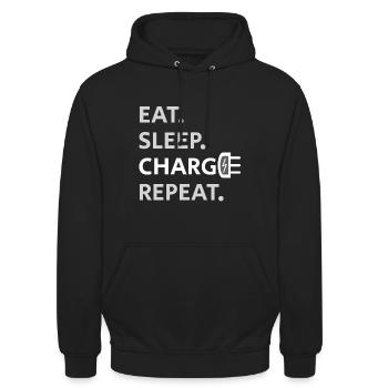Elektroauto Spruch Eat Sleep Charge Repeat - Unisex Hoodie - Schwarz - Vorne - Alina (178cm) & Michal (187cm)