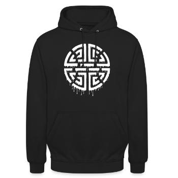 Graffiti eines roten Labyrinths - Unisex Hoodie - Schwarz - Vorne - Alina (178cm) & Michal (187cm)