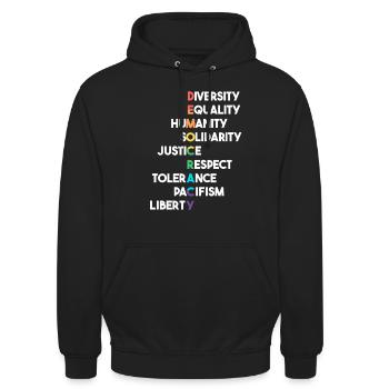 Demokratie Begriffe Respekt, Toleranz - Unisex Hoodie - Schwarz - Vorne - Alina (178cm) & Michal (187cm)