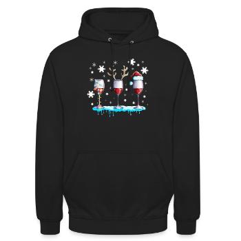 Rotwein Weinglas mir Geweih und Schnee Weihnachten - Unisex Hoodie - Schwarz - Vorne - Alina (178cm) & Michal (187cm)