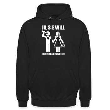 Junggesellenabschied Polterabend JGA Sie will - Unisex Hoodie - Schwarz - Vorne - Alina (178cm) & Michal (187cm)