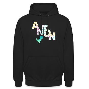 ANTON - Beau prénom de garçon avec dinosaure - Sweat-shirt à capuche unisexe - noir - Devant - Alina (178cm) & Michal (187cm)