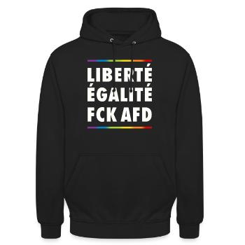 Antifaschistisches Statement Protest FCK AfD - Unisex Hoodie - Schwarz - Vorne - Alina (178cm) & Michal (187cm)