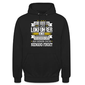 Leg Dich Niemals Mit Einem Lokführer An Zugführer - Unisex Hoodie - Schwarz - Vorne - Alina (178cm) & Michal (187cm)