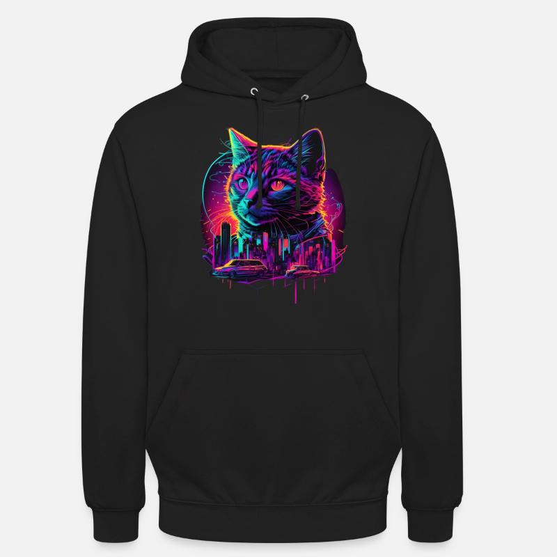 Synthwave Cat Sunset 80s Cadeau - Sweat-shirt à capuche unisexe - noir