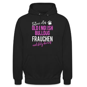 Old English Bulldog Frauchen Tätowiert Tattoos - Unisex Hoodie - Schwarz - Vorne - Alina (178cm) & Michal (187cm)