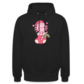 Süßer Axolotl mit Zuckerstange im Weihnachtsstrumpf - Unisex Hoodie - Schwarz - Vorne - Alina (178cm) & Michal (187cm)