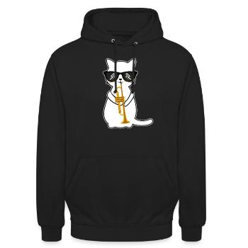 Lustige, Trompete spielende Katze - Trompeter - Unisex Hoodie - Schwarz - Vorne - Alina (178cm) & Michal (187cm)
