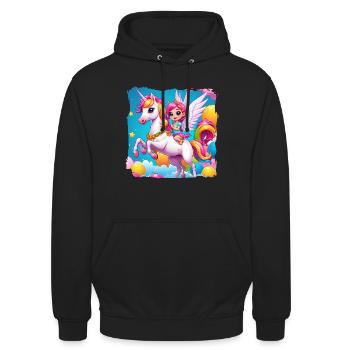 Einhorn mit Mädchen - Unisex Hoodie - Schwarz - Vorne - Alina (178cm) & Michal (187cm)
