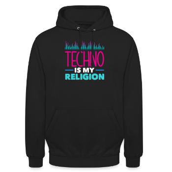 Techno Lover: Techno Ist Meine Religion - Unisex Hoodie - Schwarz - Vorne - Alina (178cm) & Michal (187cm)