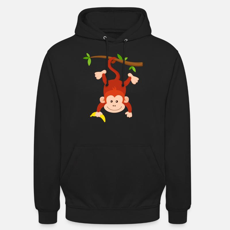 Monkey with banana hangs upside down on branch monkey design - Unisex Hoodie - black