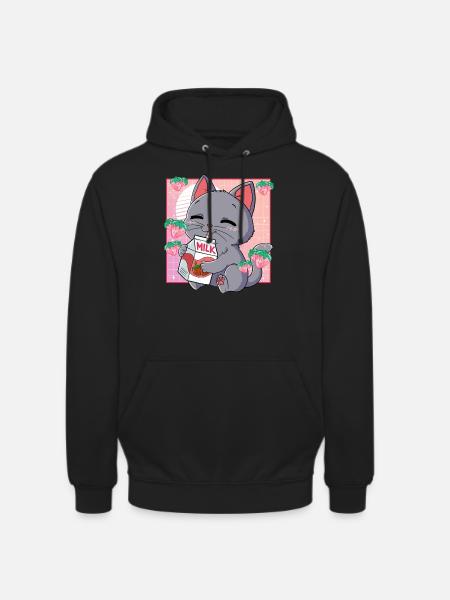 Kawaii Katze Erdbeermilch - Unisex Hoodie - Schwarz