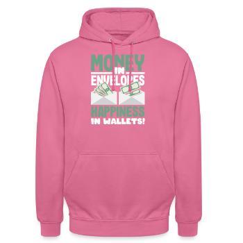 Money in Envelopes, Happiness in Wallets - Unisex Hoodie - Pink - Vorne - Alina (178cm) & Michal (187cm)