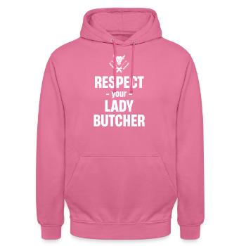 Respektiere Deine Metzgerin Schlachtmaschine - Unisex Hoodie - Pink - Vorne - Alina (178cm) & Michal (187cm)