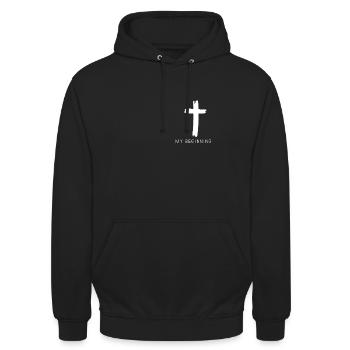 "Mein Anfang religiöses christliches bescheidenes Kreuz - Unisex Hoodie - Schwarz - Vorne - Alina (178cm) & Michal (187cm)