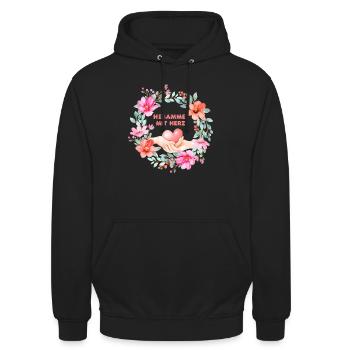 Hebamme mit Herz Blumenkranz - Unisex Hoodie - Schwarz - Vorne - Alina (178cm) & Michal (187cm)