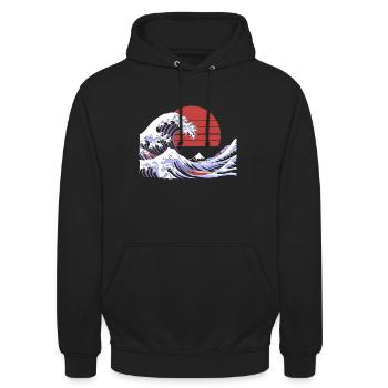 Big Wave Vaporwave Aesthetic 80s Anime Fashion - Unisex Hoodie - Schwarz - Vorne - Alina (178cm) & Michal (187cm)