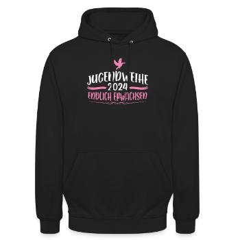 Jugendweihe 2024 Mädchen Junge - Unisex Hoodie - Schwarz - Vorne - Alina (178cm) & Michal (187cm)