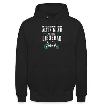 Alter Mann auf Liegerad - Unisex Hoodie - Schwarz - Vorne - Alina (178cm) & Michal (187cm)