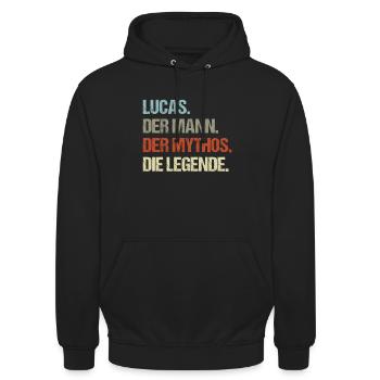 Lucas der Mann der Mythos die Legende - Unisex Hoodie - Schwarz - Vorne - Alina (178cm) & Michal (187cm)