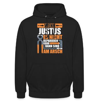 Vorname Justus Name Geburtstag Geschenk - Unisex Hoodie - Schwarz - Vorne - Alina (178cm) & Michal (187cm)