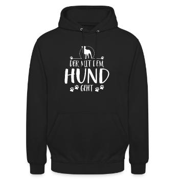 Der mit dem Hund geht Hundespruch Hunde - Unisex Hoodie - Schwarz - Vorne - Alina (178cm) & Michal (187cm)