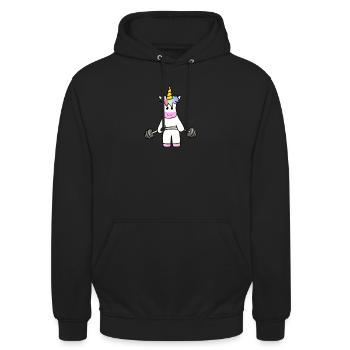 Einhorn mit einer Hantel - Unisex Hoodie - Schwarz - Vorne - Alina (178cm) & Michal (187cm)