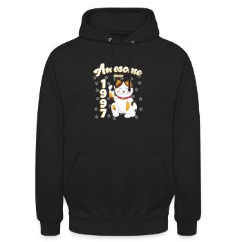 1997 Anniversaire Génial depuis Chat Maneki neko - Sweat-shirt à capuche unisexe - noir - Devant - Alina (178cm) & Michal (187cm)